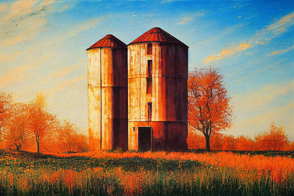 Landscape Art Print featuring the digital art Sibling Silos At Sunset by Craig Boehman