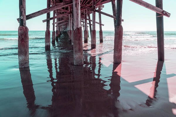 Silky Reflection Art Print featuring the photograph Silky Reflections in Mint Green and Pink - Californian Cool Under the Newport Beach Pier by Georgia Mizuleva