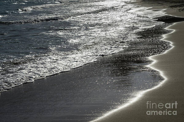 Sandy Beach Art Print featuring the photograph Silver sea water meets sand 4, Mediterranean coast by Adriana Mueller