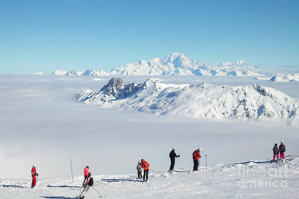 Ski Art Print featuring the photograph Skiers in the Alps, Mont Blanc view by Delphimages Photo Creations