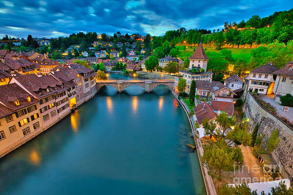 Berne Art Print featuring the photograph Skyline of Bern at evening by Benny Marty