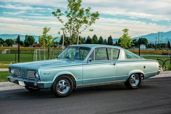 Classic Car Art Print featuring the photograph Sliver Blue Barracuda by Pamela Dunn-Parrish