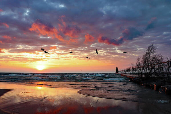 Sunset Art Print featuring the photograph South Haven Beach Sunset by David T Wilkinson