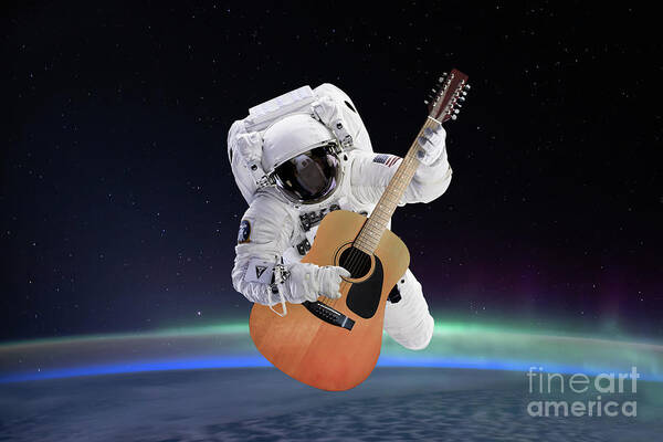 Astronaut Art Print featuring the photograph Space guitar astronaut by Delphimages Photo Creations