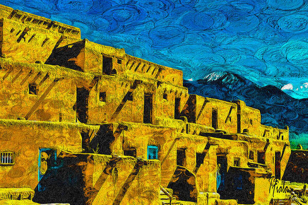 Native American Art Print featuring the digital art Spirits at Taos Pueblo Redux #1 by Terry Fiala