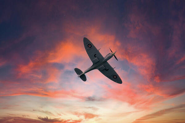 Eastbourne International Airshow Art Print featuring the photograph Spitfire flying at sunset by Andrew Lalchan