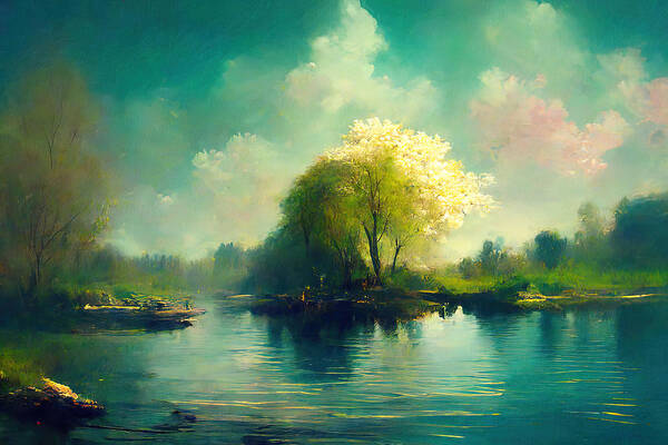 Lake Art Print featuring the painting Spring, Symphony of Nature, 13 by AM FineArtPrints