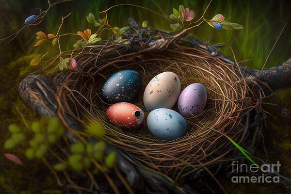 Springtime Art Print featuring the digital art Springtime Nest, Photorealistic Easter Eggs Colored in Nature's Embrace by Jeff Creation
