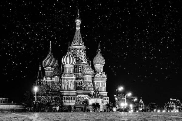 Moscow Art Print featuring the photograph St. Basil Cathedral BW by Alexey Stiop