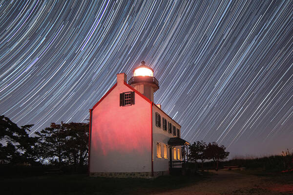 Lighthouse Art Print featuring the photograph Star Trails Over East Point Light by Kristia Adams