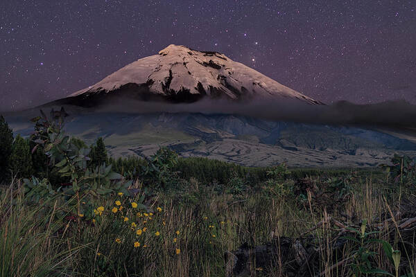 Andes Art Print featuring the photograph Starry night above the west face of the Cotopaxi volcano by Henri Leduc
