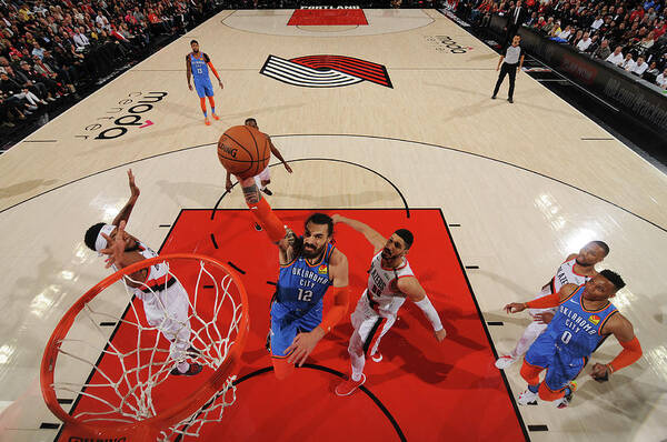 Playoffs Art Print featuring the photograph Steven Adams and Enes Kanter by Cameron Browne