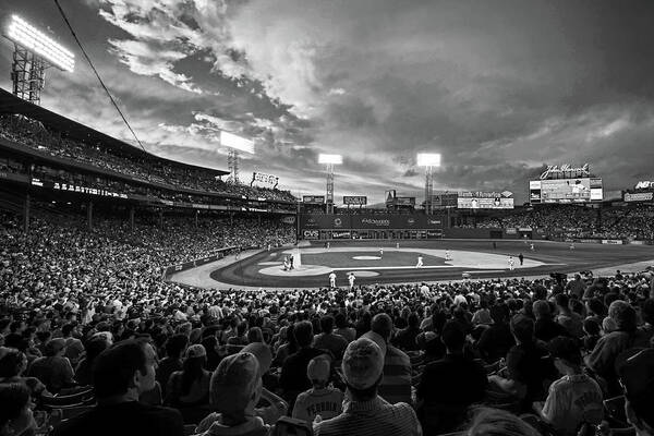 Boston Art Print featuring the photograph Storm clouds over Fenway Park Boston MA Black and White by Toby McGuire