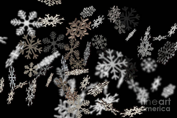 Snowflake Art Print featuring the photograph Stylish falling snowflakes pattern on black by Simon Bratt