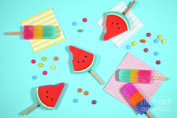 Summer Art Print featuring the photograph Summer beach vacation theme flatlay styled with watermelon and ice creams by Milleflore Images
