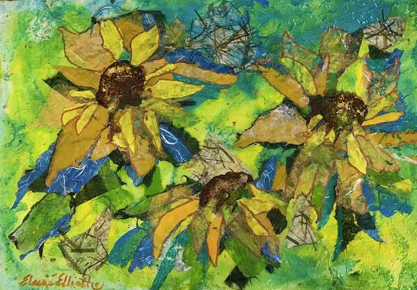 Sunflowers Art Print featuring the painting Sunflowers by the Sea by Elaine Elliott