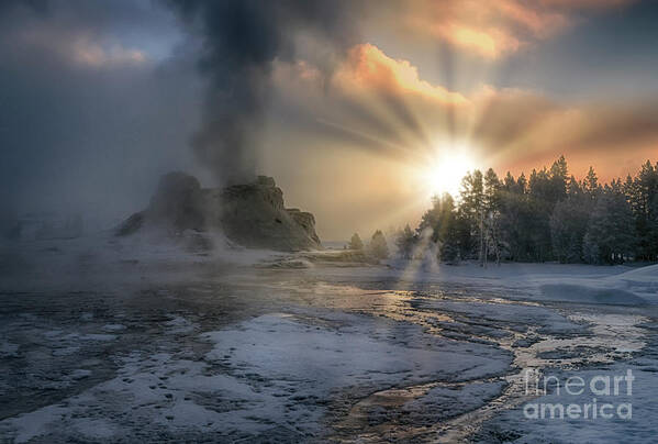 Sunrise;yellowstone;national Park;wyoming;landscape;dawn;castle Geyser;winter;runoff;steam;fog;smoke;clouds;ice;snow;thermals;geysers;features;sandra Bronstein;winterscapes;winterscape;fine Art Photography;frigid;haze;geothermal;landscapes;natural Feature;morning;western United States;out West;iconic;travel;tourism;daybreak;trees;eruption;silica;horizontal;popular Art Print featuring the photograph Sunrise on Castle Geyser - Yellowstone by Sandra Bronstein