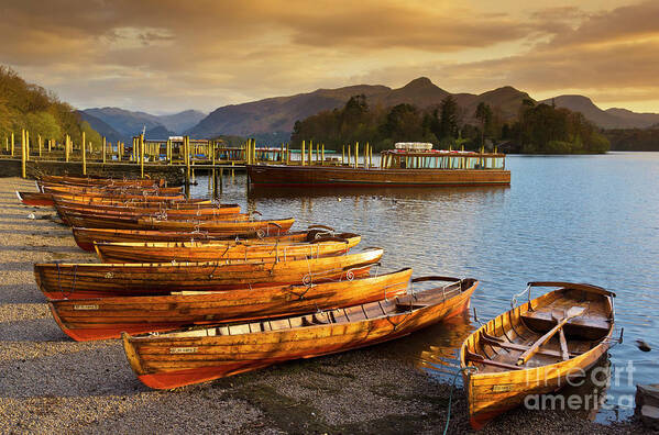 Derwentwater Art Print featuring the photograph Sunset at Keswick Landing Stages, Derwent Water, Lake District, Cumbria, England by Neale And Judith Clark