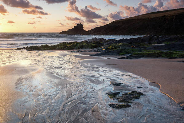 England Art Print featuring the photograph Sunset at Trevone Bay, North West Cornwall, England, UK by Sarah Howard
