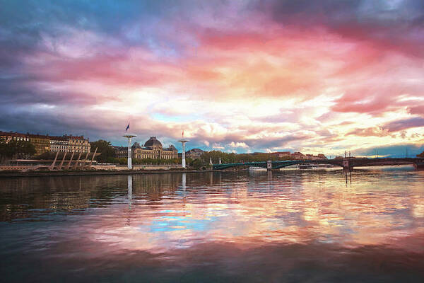 Lyon Art Print featuring the photograph Sunset on the Rhone River Lyon France by Carol Japp