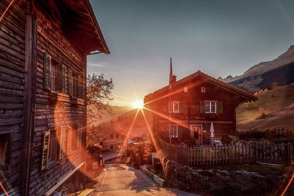 Breil Art Print featuring the photograph Sunset on the small mountain village by Benoit Bruchez