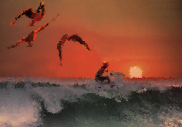 Surfing Art Print featuring the mixed media Sunset Surfing by Alex Mir