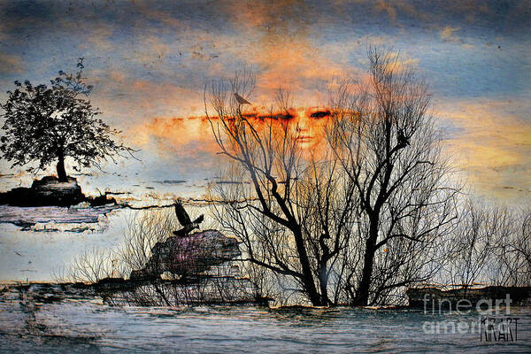 Landscape. Surreal Sunset Art Print featuring the mixed media Sunset with trees and birds by Kira Bodensted