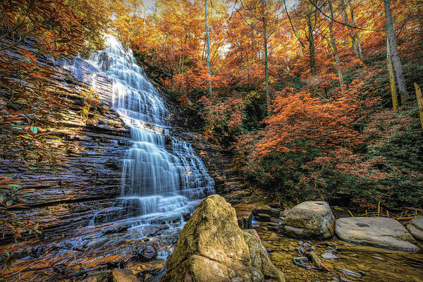 Waterfall Art Print featuring the photograph Sunshine at the Benson Waterfall in Autumn by Debra and Dave Vanderlaan