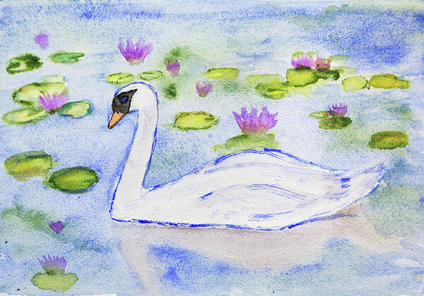 Swan Art Print featuring the painting Swimming Through The Water Lilies by Her Arts Desire