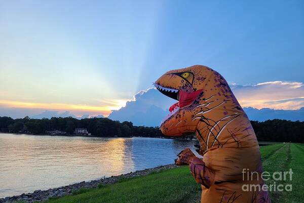 T-rex Art Print featuring the photograph Tedisaurus by the lake at sunset by Elena Pratt