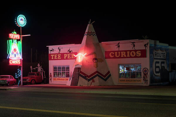 Route 66 Art Print featuring the photograph Tee Pee Curios at Night - Route 66 by Susan Rissi Tregoning