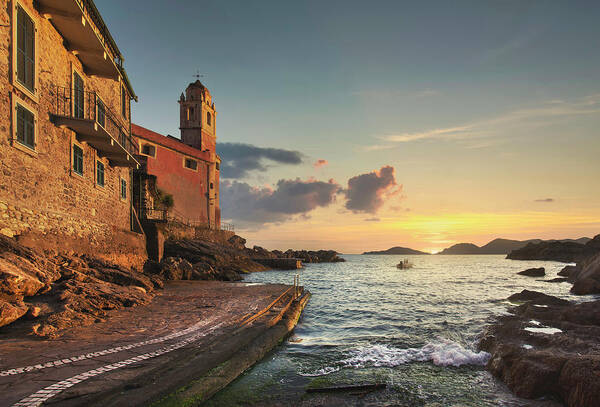 Tellaro Art Print featuring the photograph Tellaro Church and Sea. Liguria by Stefano Orazzini