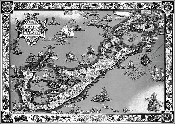 Bermuda Art Print featuring the photograph The Bermuda Islands Vintage Pictorial Map 1930 Black and White by Carol Japp