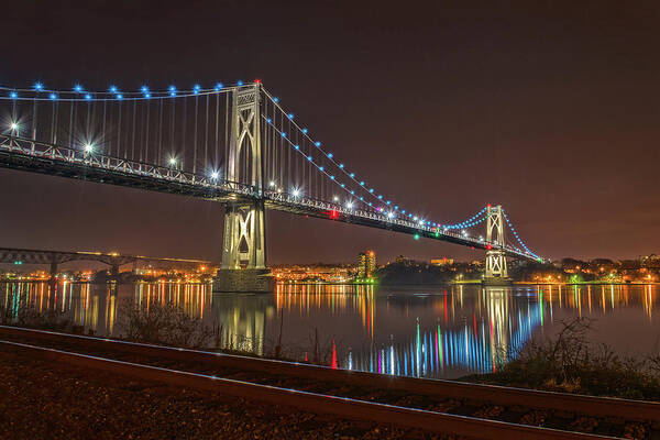 Nightscape Art Print featuring the photograph The Bridge With Blue Holiday Lights by Angelo Marcialis