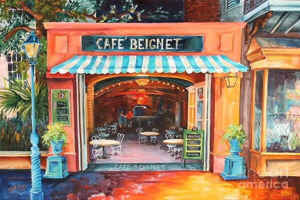 New Orleans Art Print featuring the painting The Cafe Beignet on Royal by Diane Millsap