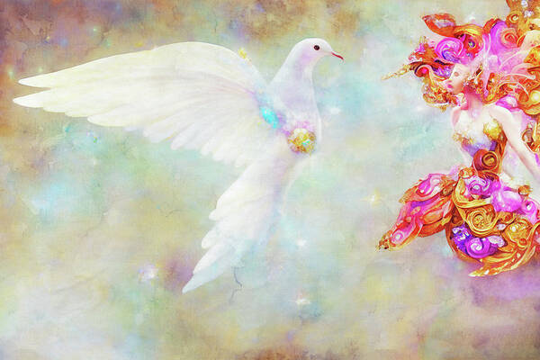 Doves Art Print featuring the digital art The Dove and the Fairy by Peggy Collins