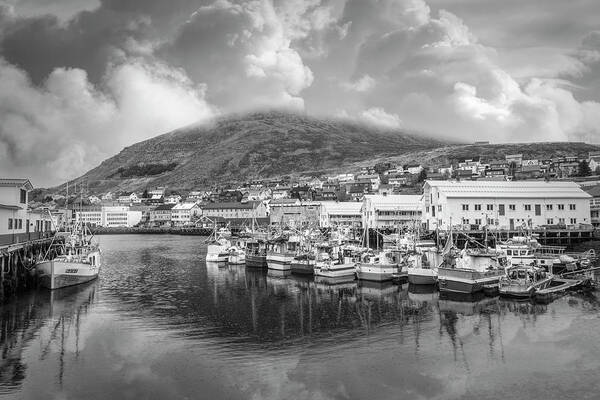 Boats Art Print featuring the photograph The Harbor at Honningvag Norway Under Clouds in Black and White by Debra and Dave Vanderlaan