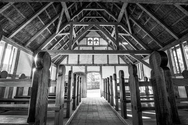 Church Art Print featuring the photograph The Interior of Fort James' Anglican Church - Oil Painting Style - Black and White by Rachel Morrison