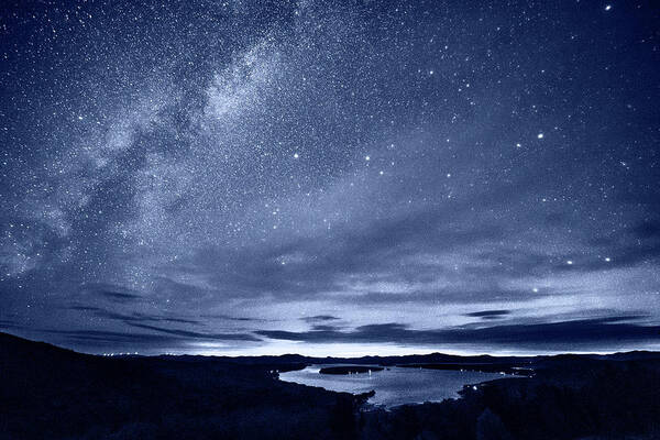 Rangeley Art Print featuring the photograph The Milky Way over Rangeley Lake Rangeley Maine Monochrome Blue Nights by Toby McGuire
