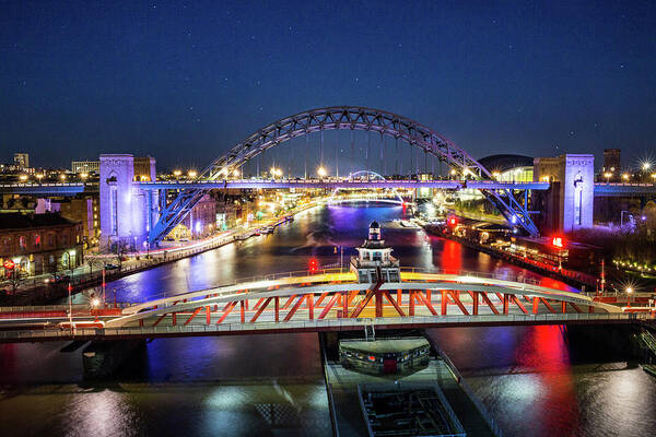 Tyne Bridges Art Print featuring the photograph The Tyne Bridges at night - Newcastle and Gateshead by Anita Nicholson