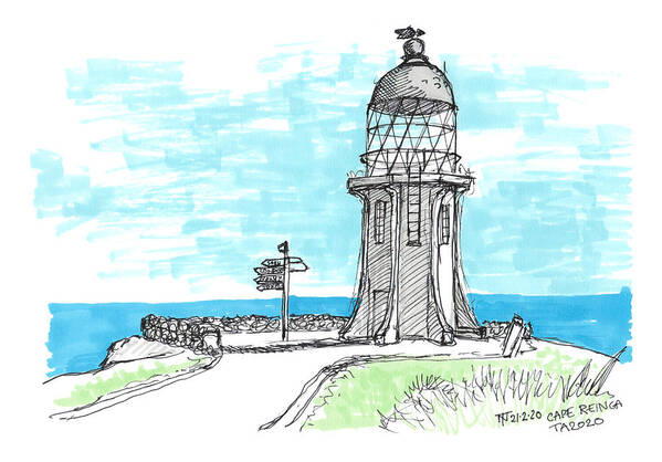 New Zealand Art Print featuring the drawing Tour Aotearoa - Cape Reinga by Tom Napper