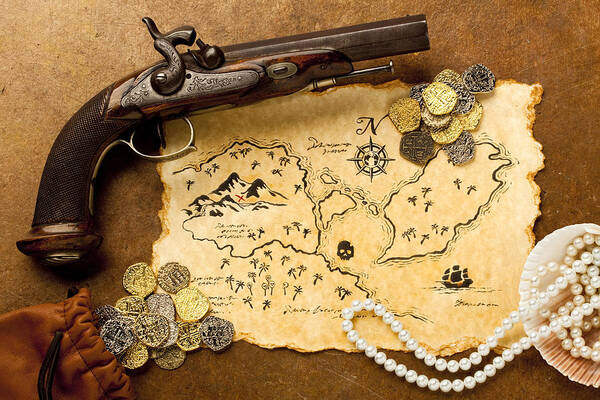 Adventure Art Print featuring the photograph Treasure Map and Pistol. Full Frame. XXXL by FlamingPumpkin