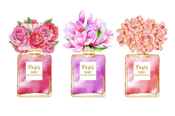 Trio floral perfume bottle watercolor Art Print by Mihaela Pater - Fine Art  America