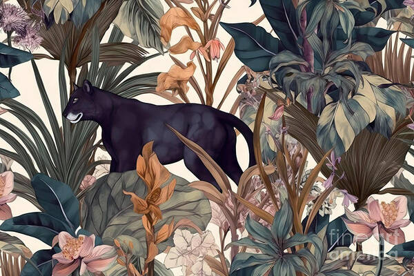 Tropical Art Print featuring the painting Tropical leaves, panther and orchid. Seamless vintage pattern. W by N Akkash