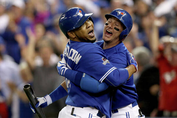 People Art Print featuring the photograph Troy Tulowitzki and Edwin Encarnacion by Vaughn Ridley