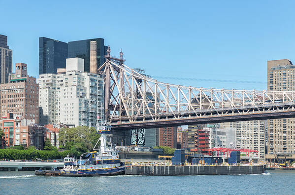 East River Art Print featuring the photograph Tug and Barge Under Bridge by Cate Franklyn
