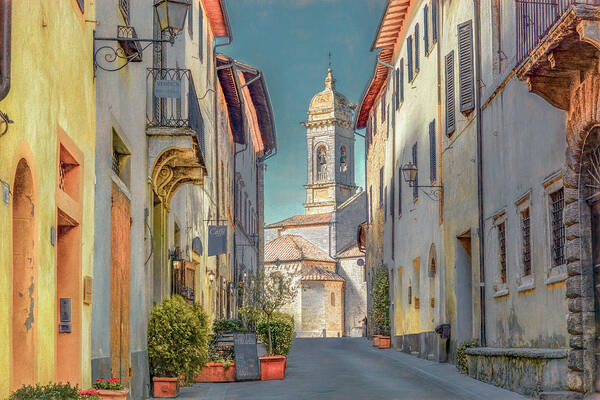 Italy Art Print featuring the photograph Tuscan Hill Town of San Quirico d'Orcia, Painterly by Marcy Wielfaert