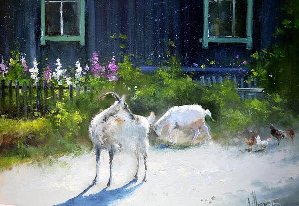 Russian Artists New Wave Art Print featuring the painting Two White Goats by Igor Medvedev