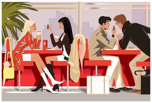 People Art Print featuring the drawing Two women and two men in caf?, holding mobile phones by Mike Wall
