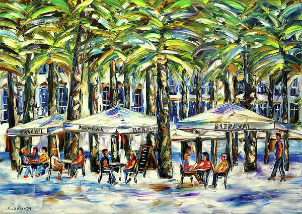 Bar El Raval Barcelona Art Print featuring the painting Under The Palm Trees Of Barcelona by Mirek Kuzniar